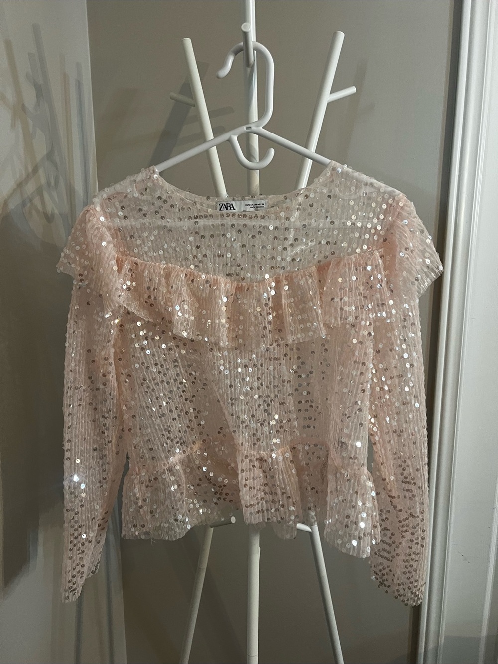 Zara Blush Pink Sequin Ruffle Blouse